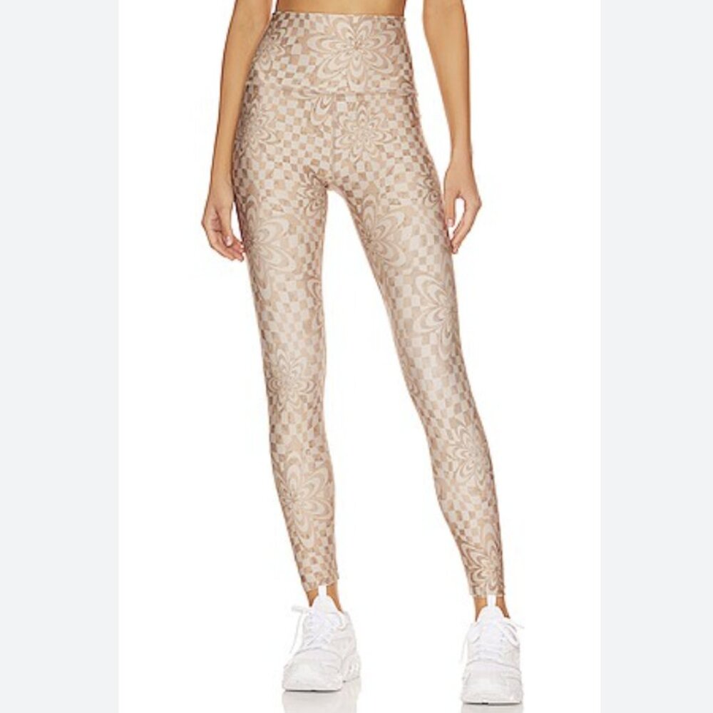 Beyond Yoga High Waisted Midi Leggings Check Flower Tan Cream Size Medium
